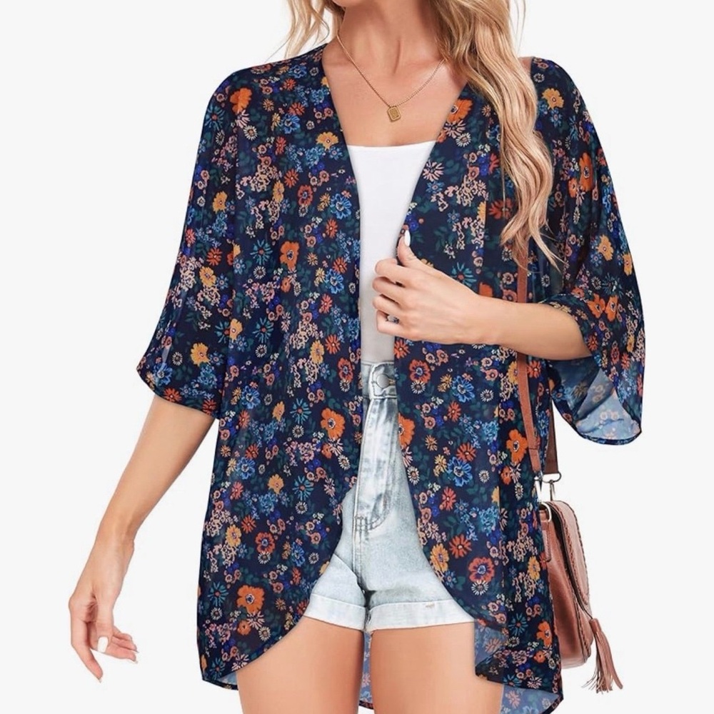 Navy Floral Open Front Kimono Coverup NWT